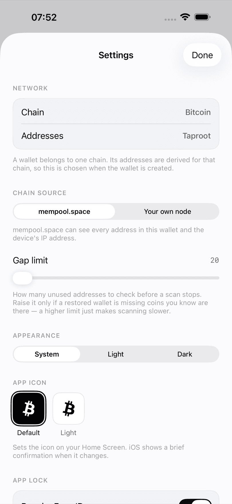 BTC Wallet settings screen on iPhone showing the chain source choice between mempool.space and your own Bitcoin node, Taproot addresses, gap limit, and appearance options